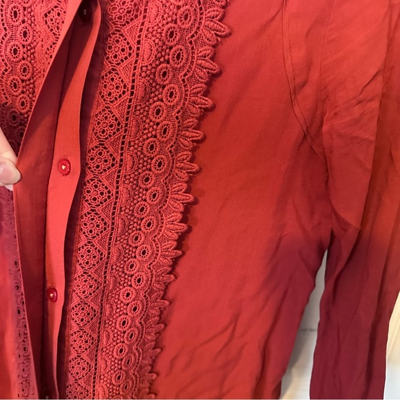 Maeve Anthropologie Rust Lace Trim Blouse Size 4 Boho Button Front Rayon Top - Picture 4 of 5
